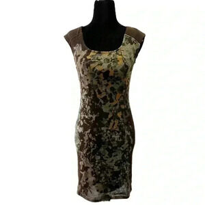 Le Chateau Midi Dress Sleeveless Stretch  Knit Brown Green Print Size XS